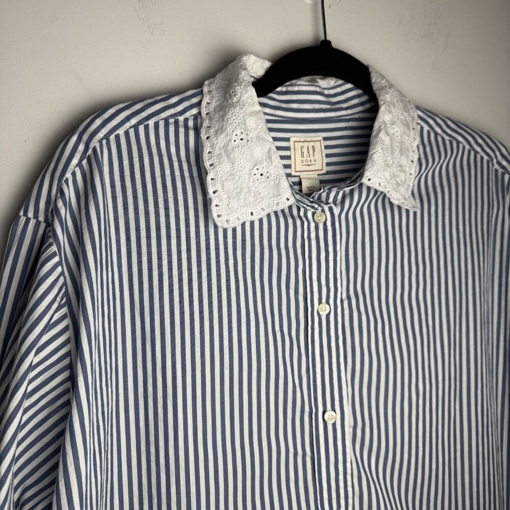 Gap X DOEN Eyelet Lace Collar Button Down Big Shirt Blue Stripe 100% Cotton L - Picture 6 of 11
